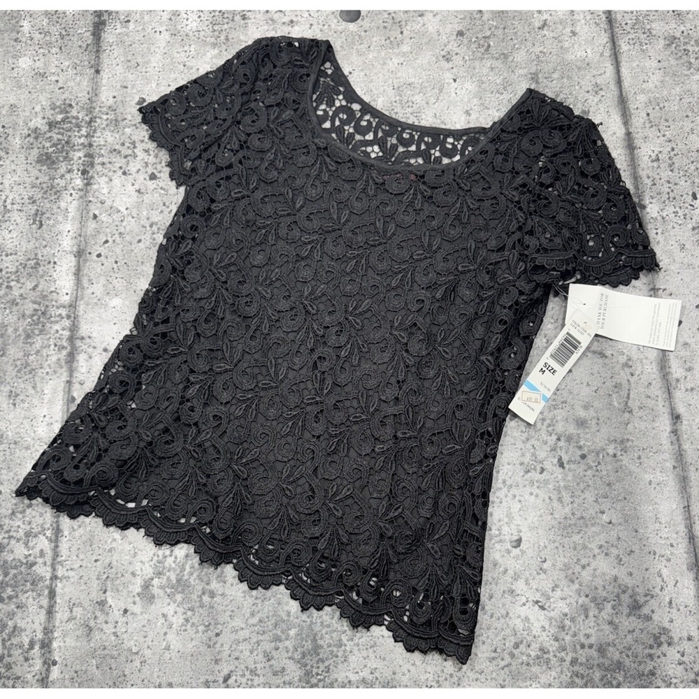 NWT M Lord & Taylor MARINA Black Lace Overlay Sleeveless‎ Top Double Vneck